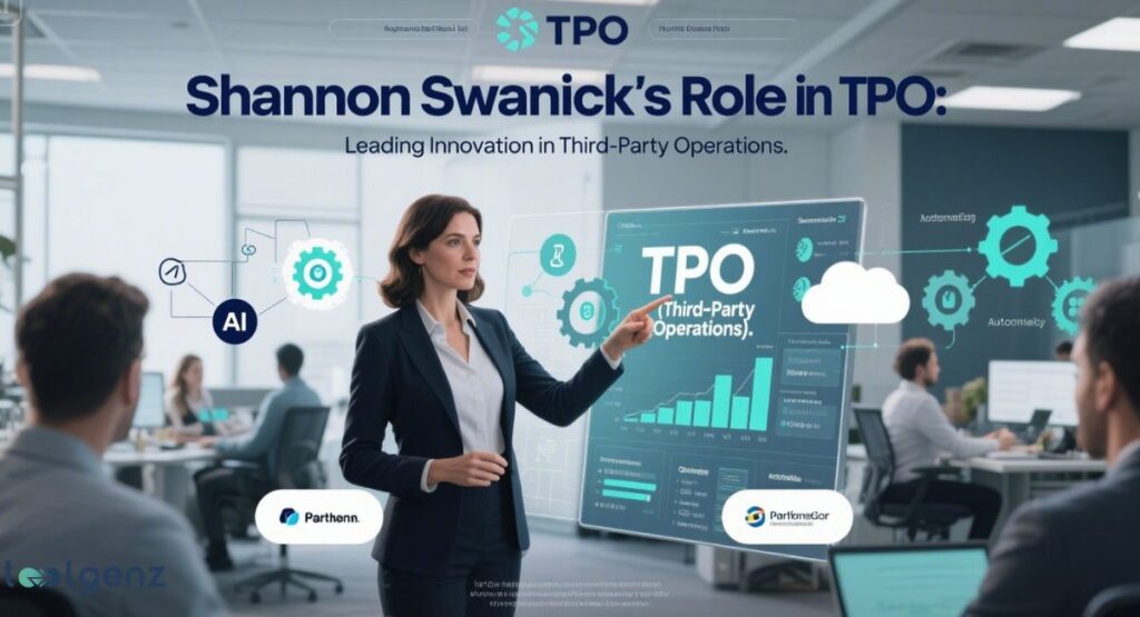 A woman in a business suit presents "Developments Presented by Shannon Swanick - TPO Advancements in 2025" on a large digital screen, featuring various data charts, graphs, and network diagrams to an audience seated in a modern auditorium.