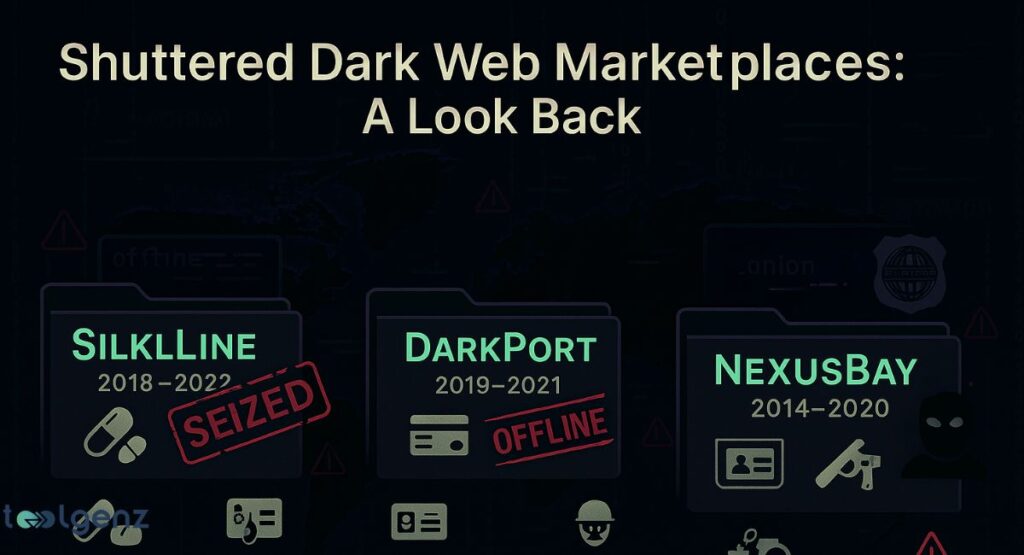 An infographic titled "Shuttered Dark Web Marketplaces: A Look Back," showcasing three dark web markets (SilkLLINE, DarkPort, NexusBAY) with their operational years and status stamps like "SEIZED" and "OFFLINE," along with associated illicit icons.