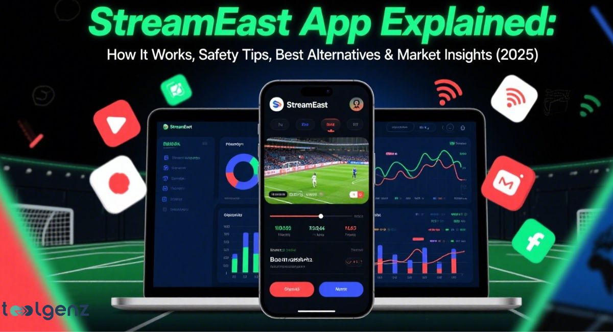 A central smartphone displaying the "StreamEast" live sports streaming app with a soccer match, flanked by a laptop showing analytics and a tablet, surrounded by icons for social media, Wi-Fi, and video platforms, explaining the StreamEast app, its safety, alternatives, and market insights for 2025.