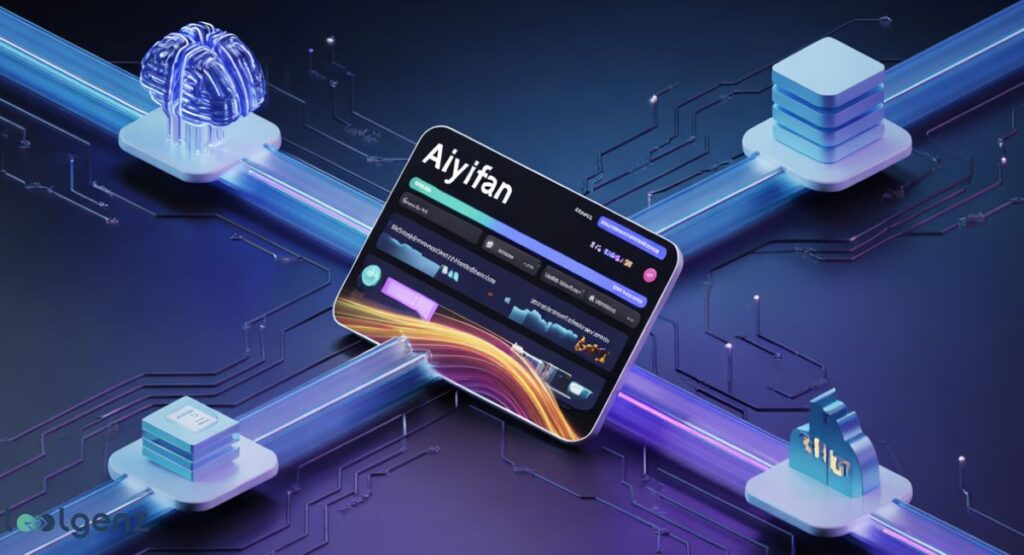 A digital screen displaying the "Aiyifan" streaming interface with colorful waveforms, surrounded by interconnected technological components like a brain (AI), data servers, and other processing units, representing the underlying technology.