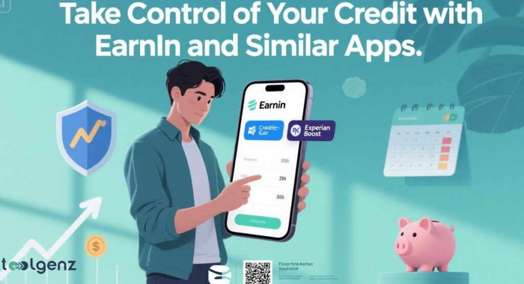 An illustration of a man interacting with a smartphone displaying the "Earnin" app, with icons representing credit building, Experian Boost, a piggy bank, and an upward trending graph, all under the title "Take Control of Your Credit with Earnin and Similar Apps.