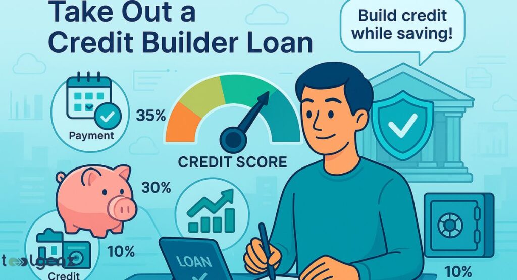 "Take Out a Credit Builder Loan." It features a man holding a smartphone displaying a credit score, a central credit score gauge, and icons representing factors that influence credit, such as payment history (35%), credit (piggy bank, 30%), and a loan document. A speech bubble says, "Build credit while saving!"