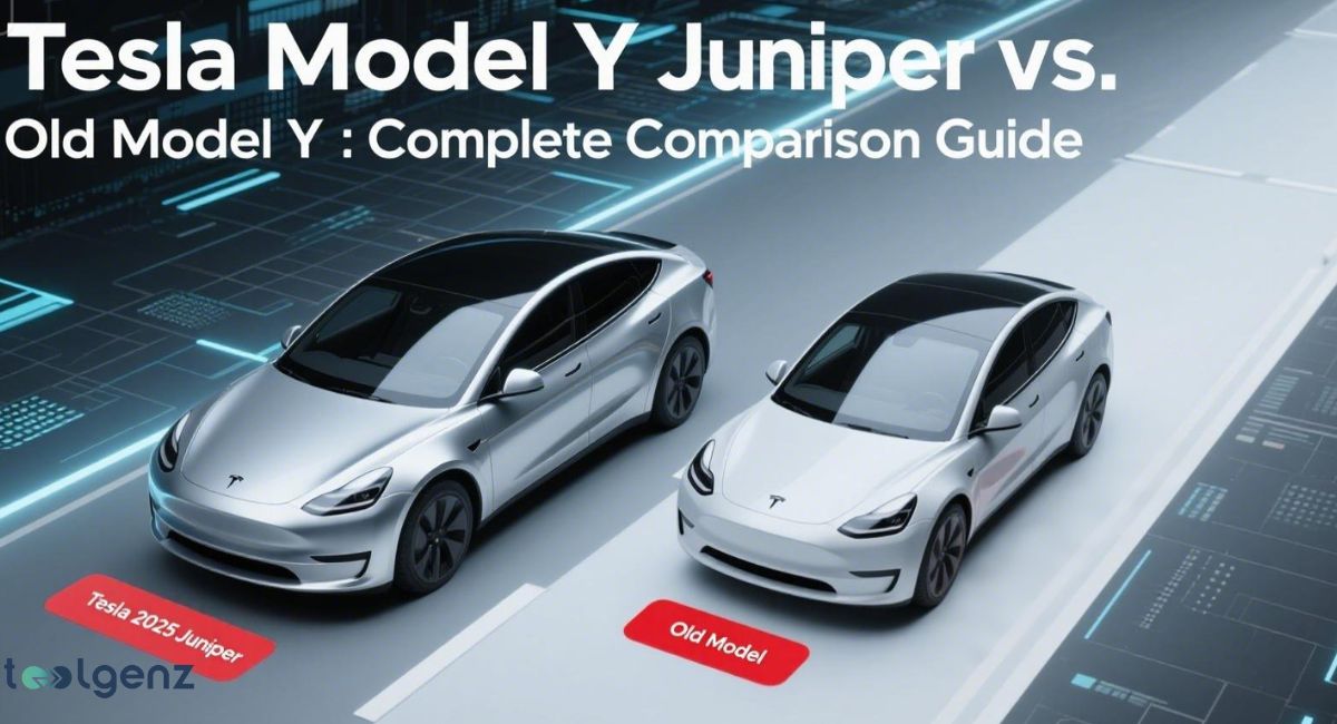 A side-by-side comparison of two Tesla Model Y cars: the newer silver Tesla 2025 Juniper model on the left, and an older white Tesla Model Y on the right, illustrating their design differences.