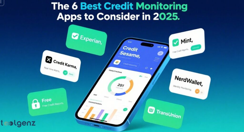A smartphone displaying a "Credit Sesame" app dashboard with a credit score, surrounded by six floating cards listing other credit monitoring services like Experian, Credit Karma, Mint, NerdWallet, and TransUnion, all under the title "The 6 Best Credit Monitoring Apps to Consider in 2025."