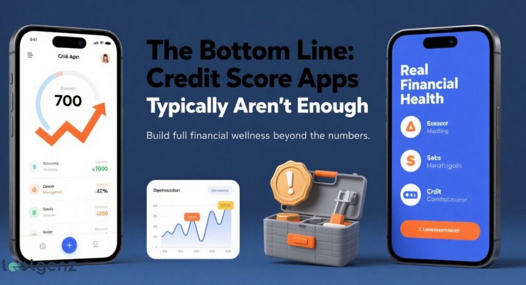 A central message stating "The Bottom Line: Credit Score Apps Typically Aren't Enough," surrounded by a smartphone showing a credit score of 700 with an upward arrow, another smartphone displaying "Real Financial Health," and a toolkit with an exclamation mark, symbolizing the need for broader financial wellness beyond just credit scores.