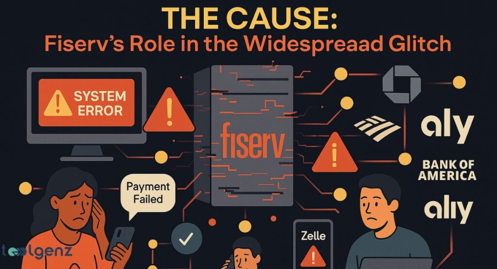 "The Cause: Fiserv's Role in the Widespread Glitch." It depicts a large server stack and a monitor displaying "SYSTEM ERROR" with warning signs, and a central "fiserv" logo. Various bank logos (Chase, Ally, Bank of America) are shown, along with people experiencing "Payment Failed" messages, illustrating the impact of a system outage.