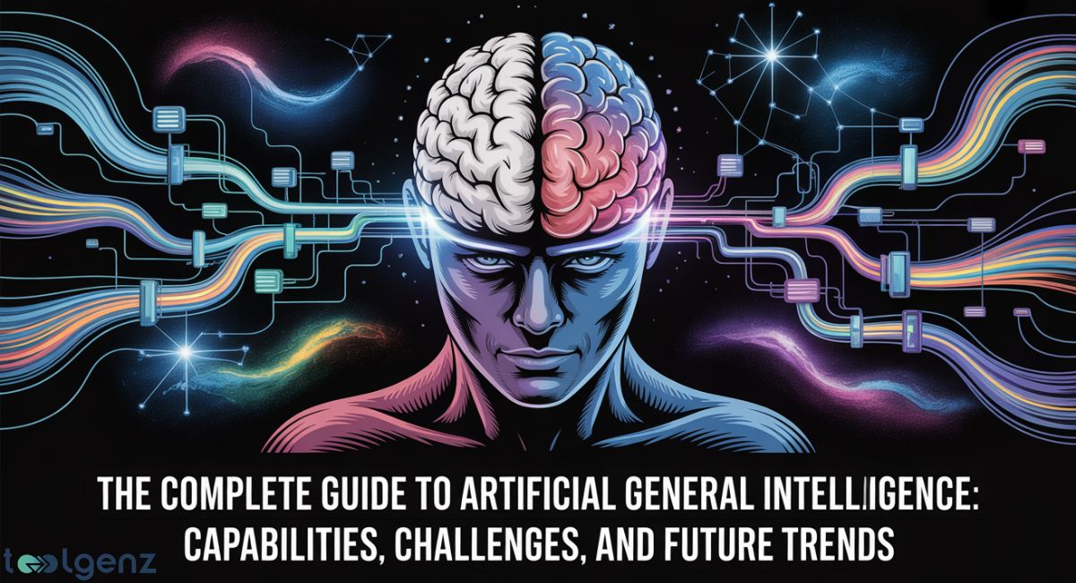 A futuristic and abstract image depicting a human head with a glowing, detailed brain (half red, half blue) at its center. Numerous vibrant, multicolored glowing lines and circuits extend from the brain into a dark, star-filled background, symbolizing advanced neural connections and data flow. The title is "The Complete Guide to Artificial General Intelligence: Capabilities, Challenges, and Future Trends."