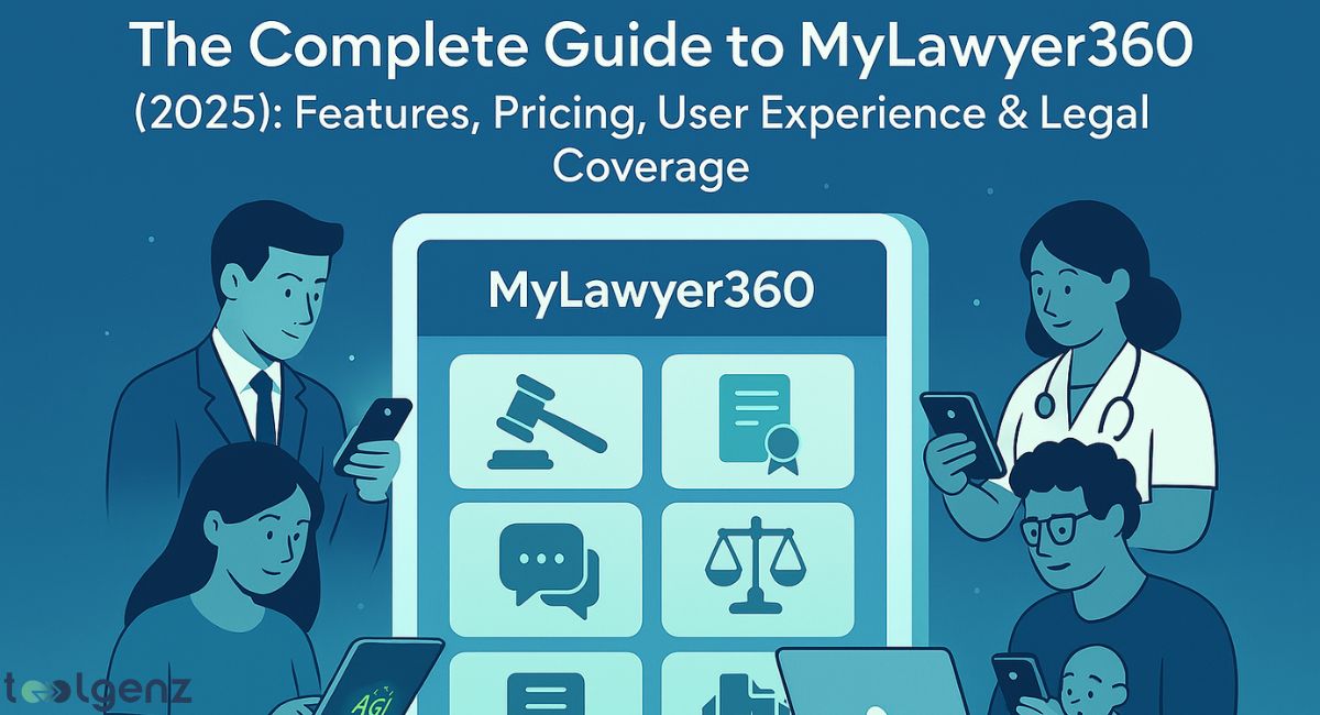 "The Complete Guide to MyLawyer360 (2025): Features, Pricing, User Experience & Legal Coverage." It shows a large mobile device displaying icons for legal services like a gavel, document, chat bubble, and scales of justice. Surrounding the device are diverse cartoon people interacting with smartphones and laptops, symbolizing MyLawyer360's accessibility and user base.