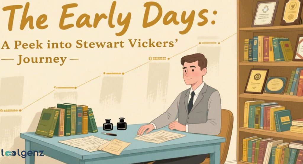 A vintage-style illustration showing a young Stewart Vickers in a suit, sitting at a desk with books, inkwells, and papers. Behind him, a dotted line graph rises, and to his right, a bookshelf is filled with books and framed awards, depicting "The Early Days: A Peek into Stewart Vickers' Journey."

