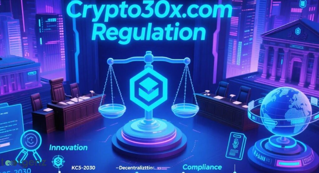 A futuristic digital scene representing "Crypto30x.com Regulation," with prominent scales of justice featuring a blockchain icon, a globe, courtrooms, and a city skyline, symbolizing the intersection of cryptocurrency, law, and global reach.