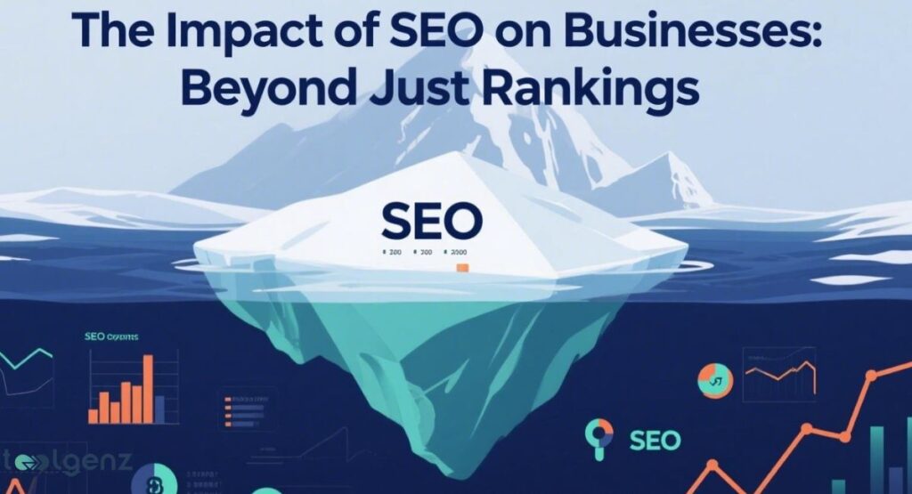 An iceberg labeled "SEO" floats in water, with a small visible tip and a massive hidden base beneath the surface, surrounded by various graphs and data visualizations. The title reads "The Impact of SEO on Businesses: Beyond Just Rankings.