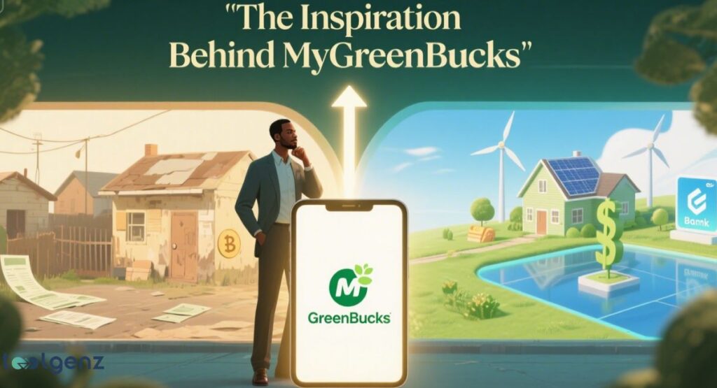An illustration depicting "The Inspiration Behind MyGreenBucks" with a split scene: on the left, a rundown neighborhood with a man looking thoughtful; on the right, a vibrant, green landscape with a modern house, solar panels, wind turbines, a bank, and a pond with a dollar sign. An upward arrow connects the two scenes.