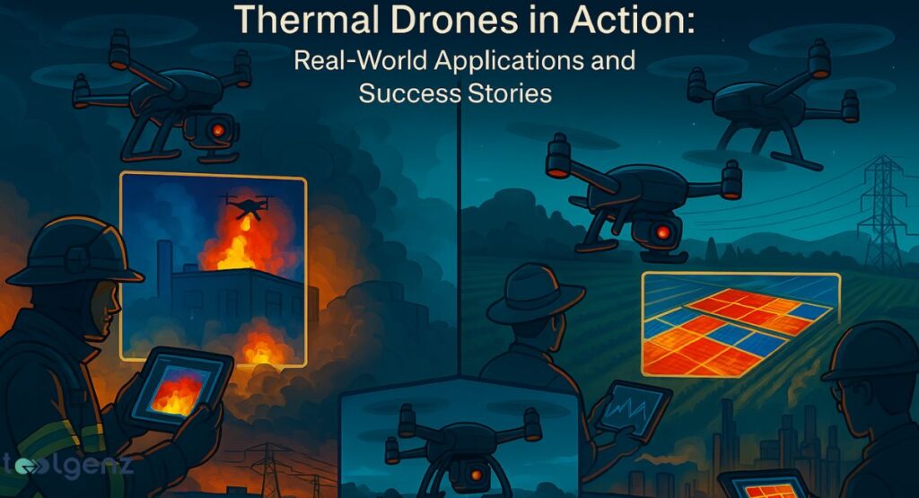 "Thermal Drones in Action: Real-World Applications and Success Stories." It's split into two main sections against a dark blue background. The left side shows a firefighter looking at a tablet displaying a building on fire, with a drone above the scene. The right side shows a person in a hat looking at a tablet displaying a field with thermal imaging (red/orange sections), with a drone above that scene.