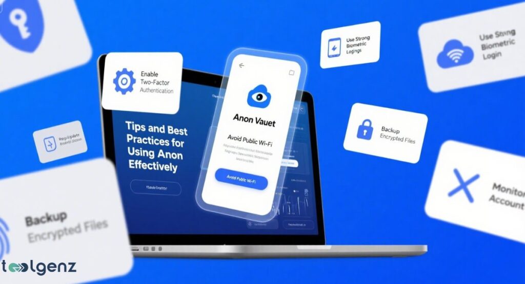 A laptop displaying "Tips and Best Practices for Using Anon Vault Effectively," with a smartphone showing an "Anon Vault" app, surrounded by floating cards detailing security tips like two-factor authentication, strong biometrics, and encrypted backups.