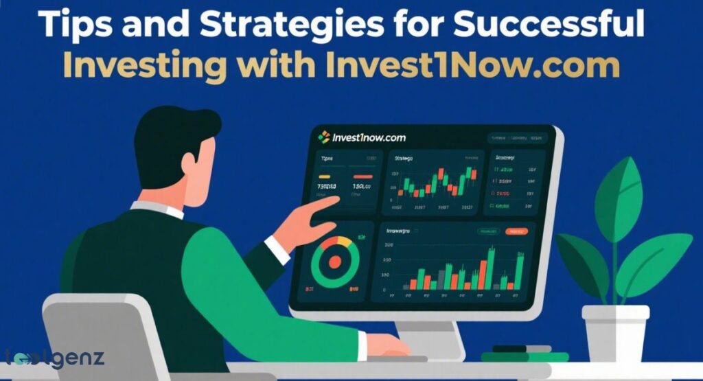 An illustration of an investor at a desk looking at a computer screen displaying the "Invest1Now.com" dashboard with stock charts, strategies, and insights, representing "Tips and Strategies for Successful Investing with Invest1Now.com."