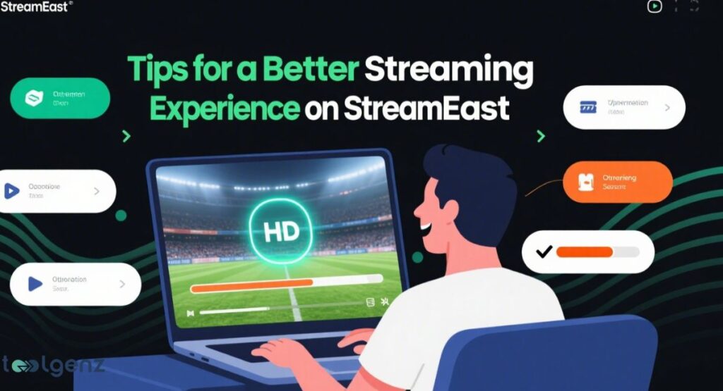 An illustration of a person watching a live soccer match on a laptop with an "HD" quality indicator, surrounded by floating cards offering "Tips for a Better Streaming Experience on StreamEast," including options for quality and optimization.