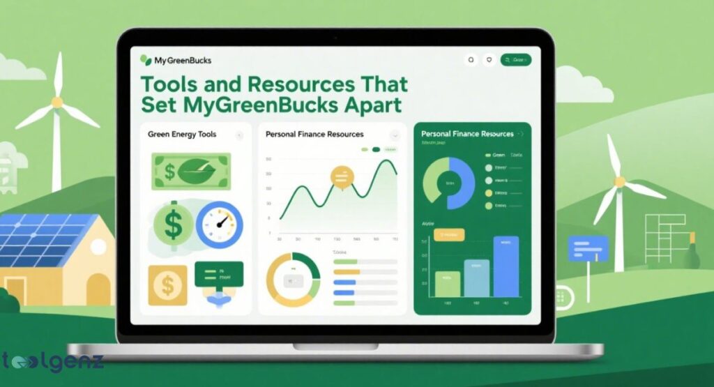 A laptop displaying a "MyGreenBucks" dashboard with sections for "Green Energy Tools" (showing money and solar icons) and "Personal Finance Resources" (with graphs and charts), flanked by wind turbines and a house with solar panels, all set in a green landscape.

