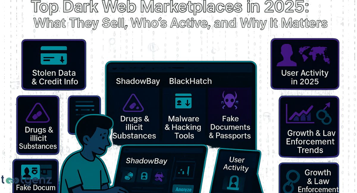 A central digital interface displaying "ShadowBay" and "BlackHatch" as dark web marketplaces, highlighting categories like drugs, malware, and fake documents, surrounded by icons representing stolen data, user activity, and law enforcement trends.