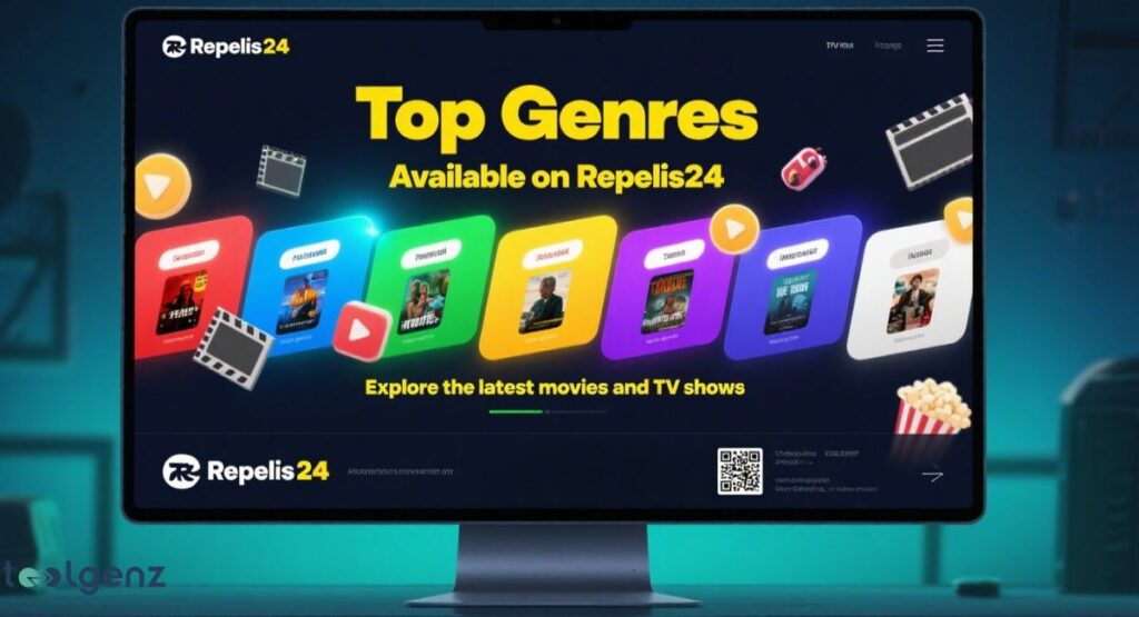 A laptop screen displaying the "Repelis24" streaming platform with a "Top Genres" section, showing various movie and TV show categories in colorful rectangular frames, along with film-related icons like a clapperboard and popcorn.