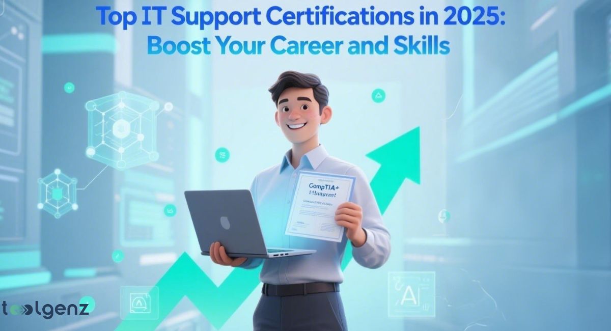 A smiling 3D animated man in a collared shirt holding a laptop and a "CompTIA A+ IT Management" certificate, with a glowing upward arrow and futuristic tech elements in the background, promoting IT support certifications for career and skill advancement.