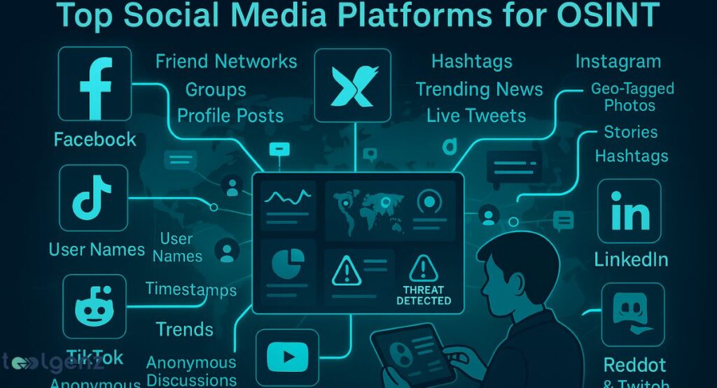"Top Social Media Platforms for OSINT." It shows a central data screen with a world map and a warning icon, surrounded by six social media platform logos: Facebook, X, Instagram, LinkedIn, TikTok, and Reddit & Twitch. Each platform is associated with specific types of data, such as "Friend Networks," "Hashtags," "Geo-Tagged Photos," "User Names," and "Trends."