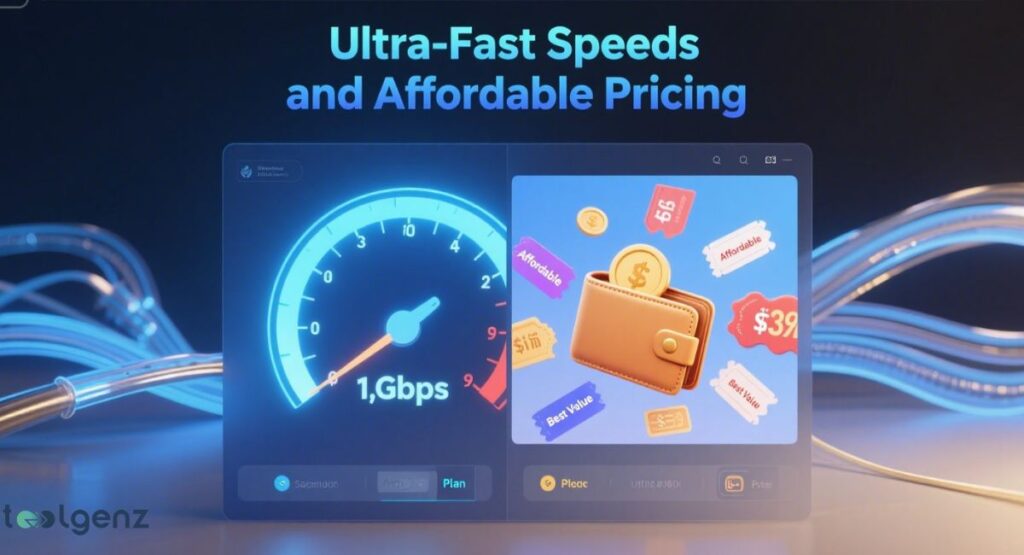 A digital interface split into two sections. The left displays an internet speed dial showing "1,Gbps" and the right shows a wallet with coins and price tags like "$39" and "Affordable," all surrounded by network cables, illustrating "Ultra-Fast Speeds and Affordable Pricing."