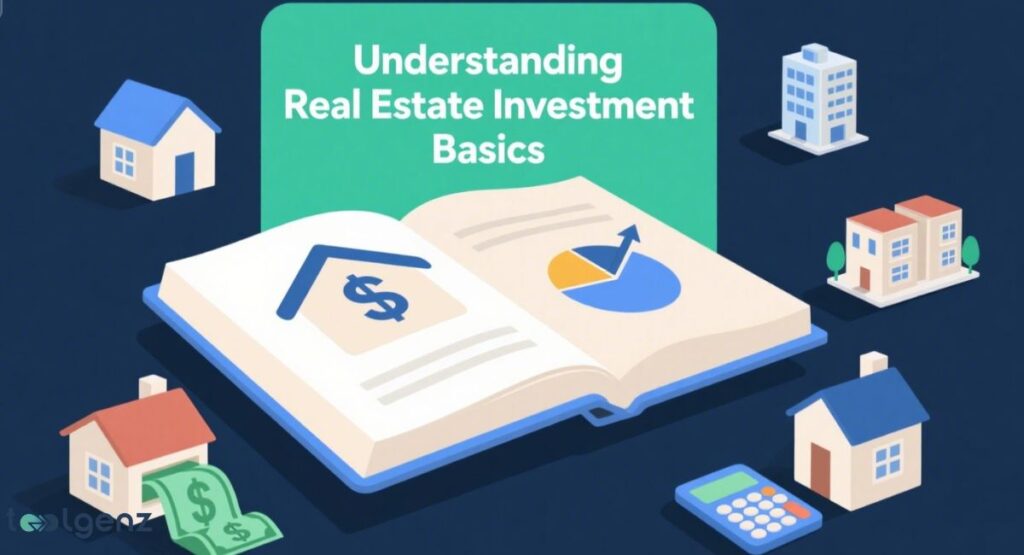 An open book with real estate investment symbols like a house with a dollar sign and a pie chart, surrounded by various cartoon houses, an apartment building, a calculator, and money coming out of a house, all under the title "Understanding Real Estate Investment Basics."

