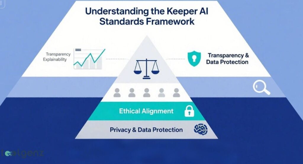 An infographic illustrating "Understanding the Keeper AI Standards Framework" as a multi-layered pyramid with icons representing ethical alignment, privacy, data protection, transparency, explainability, and data protection.