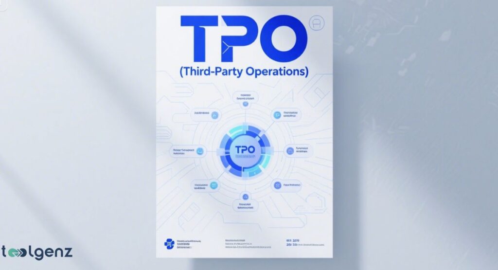 A woman in a business suit points to a large, transparent digital screen displaying "TPO (Third-Party Operations)" information, including an AI icon, a gear icon, and a cloud icon, with other business professionals in an office background.