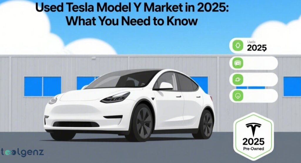 A white Tesla Model Y parked in front of a garage, with floating cards indicating "Used Tesla 2025" and other details, representing the "Used Tesla Model Y Market in 2025: What You Need to Know."