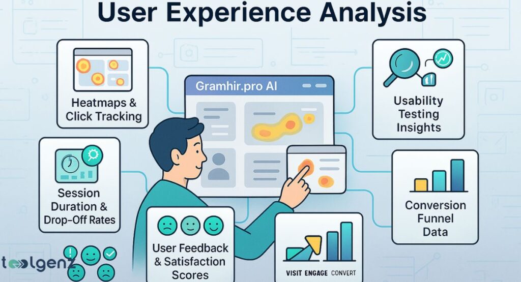 An illustration of a user interacting with a "Gramhir.pro AI" interface, surrounded by cards detailing user experience analysis metrics: Heatmaps & Click Tracking, Usability Testing Insights, Session Duration & Drop-Off Rates, Conversion Funnel Data, and User Feedback & Satisfaction Scores.