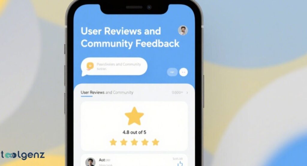 A smartphone screen displaying an app interface for "User Reviews and Community Feedback," showing a 4.8 out of 5-star rating, a profile icon, and a section for comments, set against a blue background.