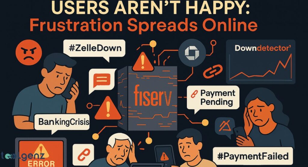 "USERS AREN'T HAPPY: Frustration Spreads Online." It depicts various distressed cartoon people experiencing issues with online services, indicated by warning signs, error messages ("#ZelleDown", "BankingCrisis", "Payment Pending", "#PaymentFailed"), and a central server rack with the "fiserv" logo, all against a dark background. A Downdetector graph shows rising errors.