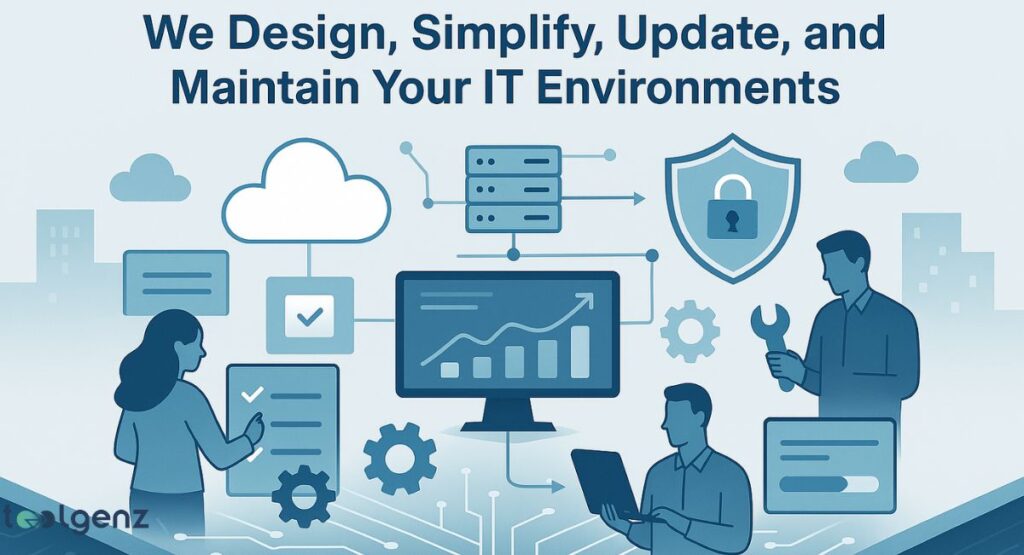 An infographic titled "We Design, Simplify, Update, and Maintain Your IT Environments." It features stylized cartoon people working with technology elements like clouds, servers, a monitor displaying a graph, and security shields, all interconnected by glowing lines on a circuit board-like background.