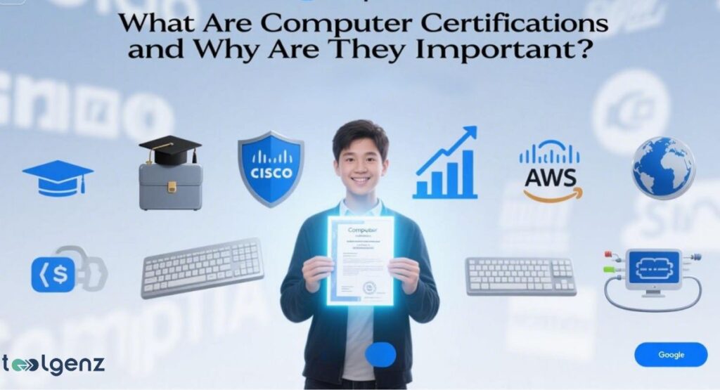 A smiling young man holds a glowing "Computer" certification amidst various blue icons representing computer-related concepts and certifications, including a graduation cap, a briefcase, Cisco and AWS logos, a globe, keyboards, a network device, a bar graph, and a dollar sign, all under the question "What Are Computer Certifications and Why Are They Important?".