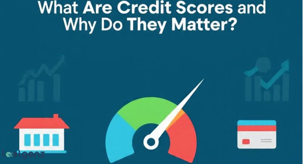 A central gauge with a needle pointing towards the red, green, and blue sections, representing credit scores, flanked by icons of a house and a credit card, and bar graphs with upward trends, illustrating "What Are Credit Scores and Why Do They Matter?".