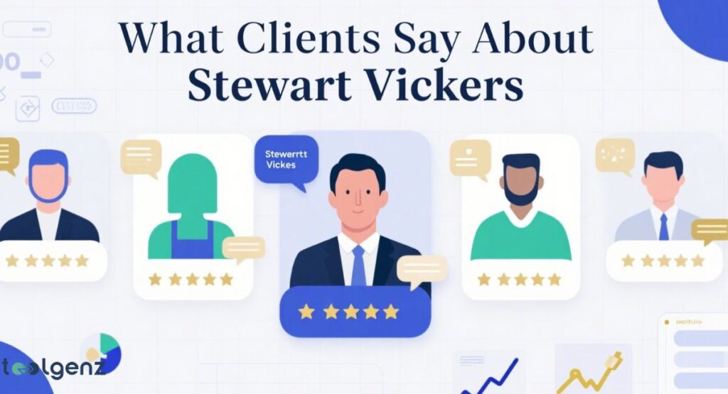 A line of five illustrated client avatars, with the central one highlighted and identified as "Stewertt Vickes," all featuring five-star ratings and speech bubbles, set against a light blue background with subtle digital elements. The title reads "What Clients Say About Stewart Vickers."