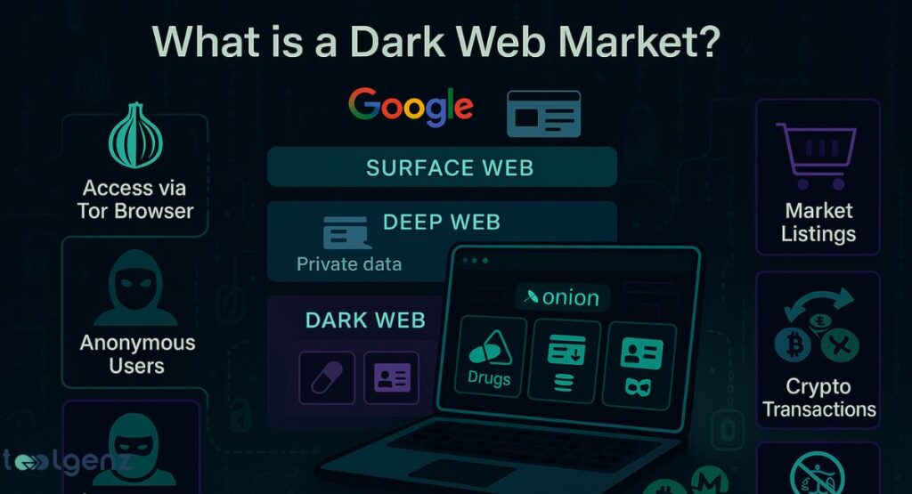 An infographic explaining "What is a Dark Web Market?", showing a laptop displaying ".onion" and categories like drugs and data, surrounded by icons for Tor browser access, anonymous users, crypto transactions, and market listings, contrasted with the Surface and Deep Web.