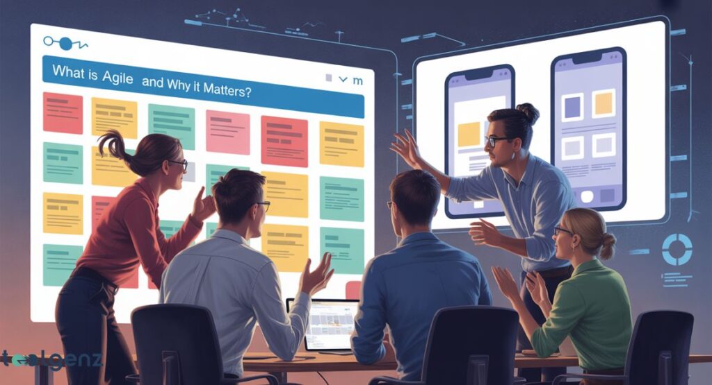 A team of professionals collaboratively working around a table, looking at large digital screens displaying a Kanban-style board with tasks and mobile app interfaces, illustrating a discussion about "What is Agile and Why It Matters?".