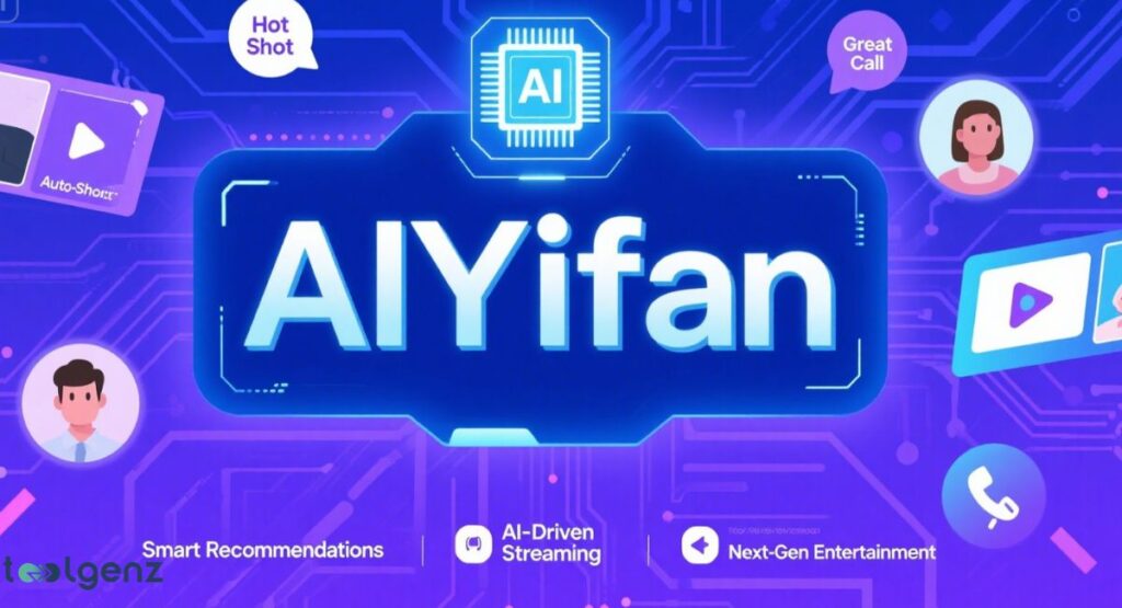 An infographic defining "AIYifan," positioned centrally with a large AI chip icon above it, and surrounded by smaller icons representing its features like smart recommendations, AI-driven streaming, next-gen entertainment, auto-shot, and communication.