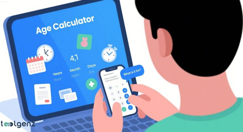 A person using a smartphone to interact with an "Age Calculator" application displayed on a laptop screen, showing various time-related icons and input fields for years, months, and days.