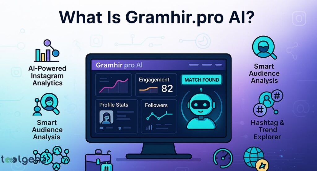A central monitor displaying the "Gramhir.pro AI" dashboard with engagement metrics, follower graphs, and an AI robot, surrounded by icons representing AI-powered Instagram analytics, smart audience analysis, and hashtag & trend exploration, all defining "What Is Gramhir.pro AI?".