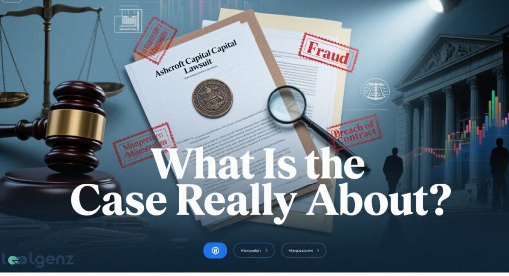 A legal document titled "Ashcroft Capital Lawsuit" with stamps like "Fraud" and "Misrepresentation," a gavel, scales of justice, and a magnifying glass, asking "What Is the Case Really About?".