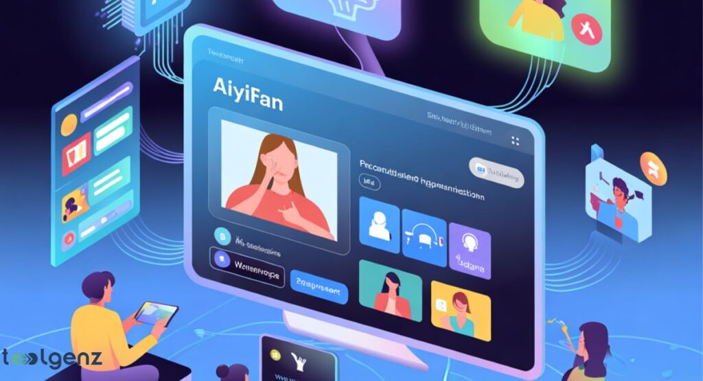 A digital interface on a large screen titled "AiyiFan," displaying user profiles and content, surrounded by connected devices and users, illustrating features of a smart streaming platform.