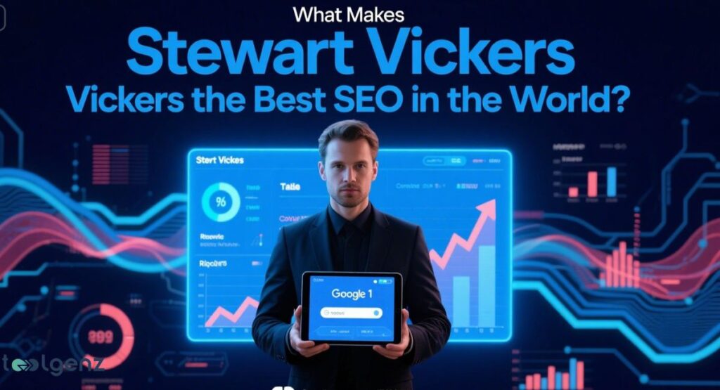 A man, Stewart Vickers, in a dark suit, holds a tablet displaying "Google 1" with a search bar, standing in front of a large, glowing blue digital dashboard with various data graphs and charts, all against a dark, futuristic background with network lines and data points. The title asks, "What Makes Stewart Vickers the Best SEO in the World?".