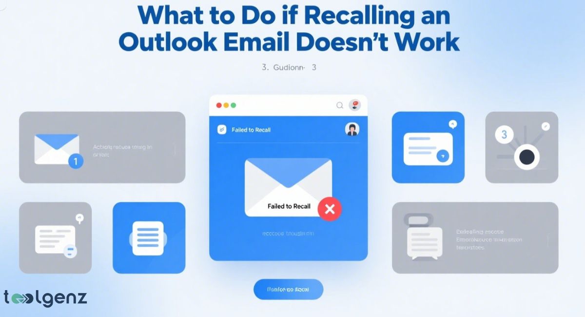A central digital interface displaying a "Failed to Recall" message for an email in Outlook, surrounded by icons representing email attempts, troubleshooting steps, and data, illustrating "What to Do if Recalling an Outlook Email Doesn't Work."