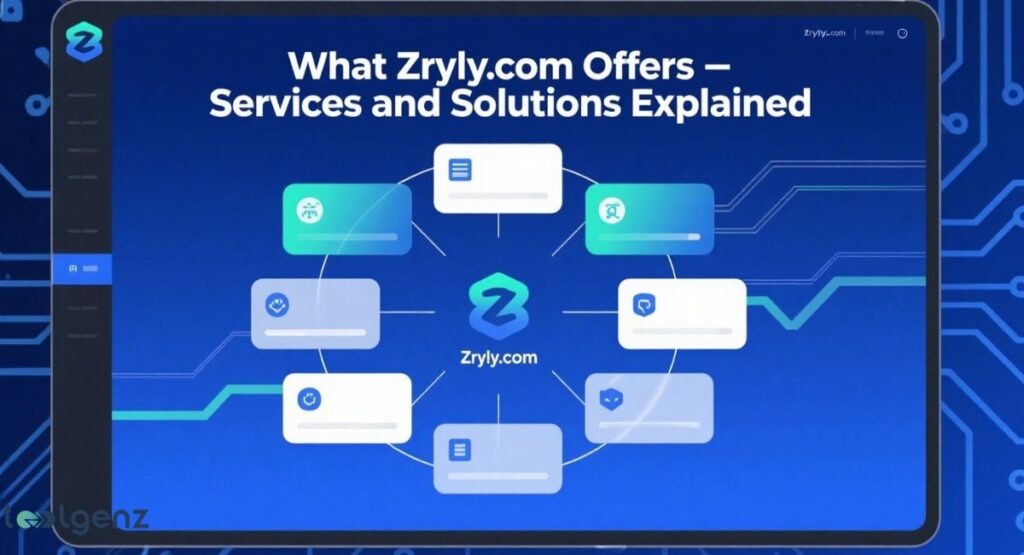 A digital tablet displaying a mind map-like diagram centered around "https://www.google.com/search?q=Zryly.com," with eight surrounding rectangular cards containing icons and partially filled progress bars, representing various services and solutions. The title reads "What Zryly.com Offers – Services and Solutions Explained."