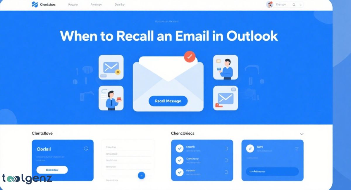 A digital interface showing a central "Recall Message" button for an email in Outlook, surrounded by various icons depicting sent emails and recipients, with additional sections for "Client's Love" and "Choncswiecs" (Consequences), illustrating "When to Recall an Email in Outlook."
