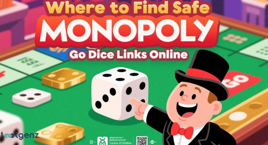 An illustration of a sad cartoon man holding a smartphone displaying an "Expired Link" message, with a large red 'X' over it, all set on a Monopoly game board with dice scattered around. The title asks: "Why Aren't Your Monopoly Go Dice Links Working?".