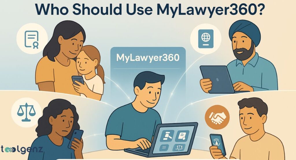 Who Should Use MyLawyer360?" It features a central laptop displaying the MyLawyer360 interface. Surrounding the laptop are various cartoon figures representing diverse individuals and groups, each with an icon suggesting their legal needs or professional roles, such as a family, an international traveler with a passport, a person facing legal scales, and a businessperson shaking hands.